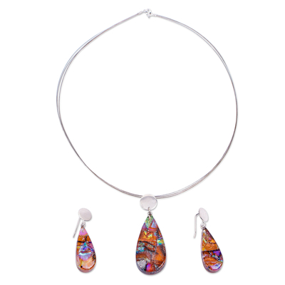 Dichroic Art Glass Necklace & Earrings Set in Sunny Colors
