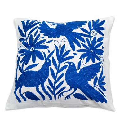 Blue Embroidered Mexican Manta Throw Pillow Cushion Cover