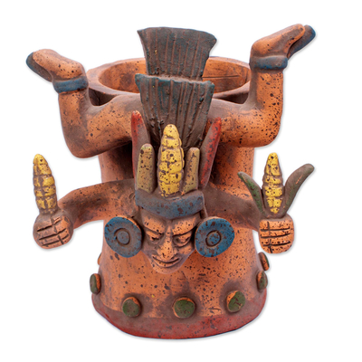 Signed Ceramic Aztec God with Maize Replica Vessel