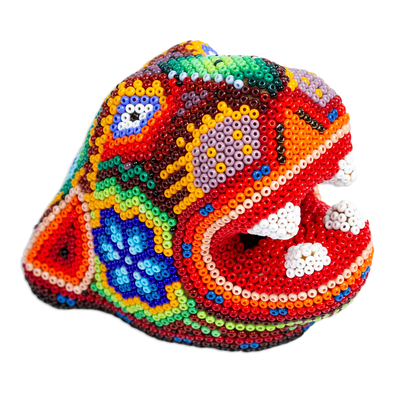 Ceramic Glass-Beaded Huichol Jaguar Head From Guadalajara