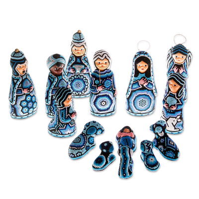 Huichol Hand Beaded Blue Nativity Scene Figurines (14 Piece)