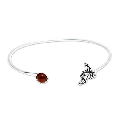 Bee and Amber Bead Cuff Bracelet in 925 Sterling Silver