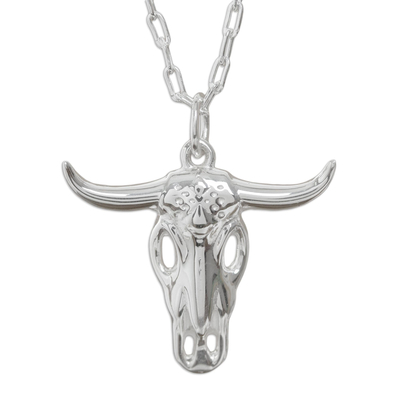 925 Sterling Silver Bull Skull Pendant Necklace From Taxco