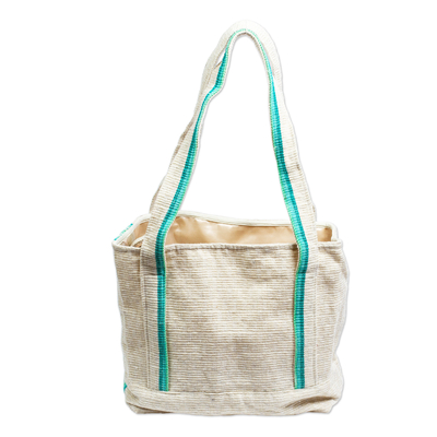 Natural Cotton Tote Bag With Green Stripes From Mexico