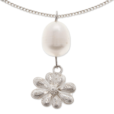 Sterling Silver Necklace with Cultured Pearl and Filigree
