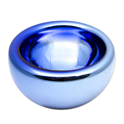 Blue Reflective Blown Glass Bowl from Recycled Glass