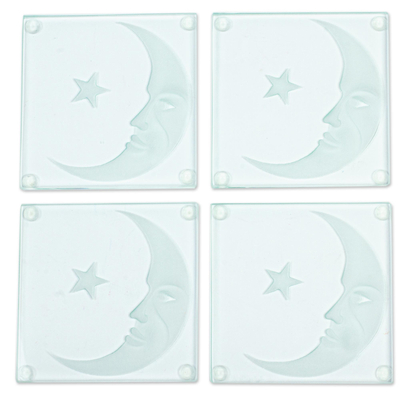 Glass Coasters with Moon and Star Motif (Set of 4)