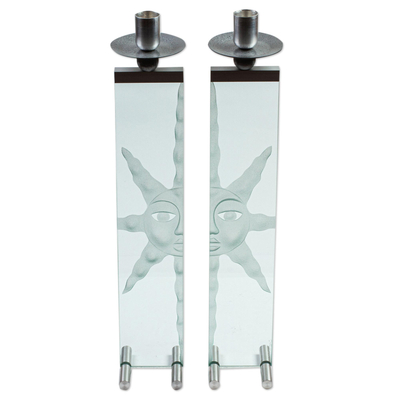 Sun Theme Etched Glass & Aluminum Candleholders (Set of 2)