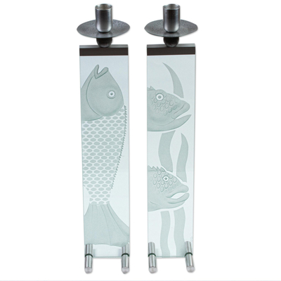 Glass and Aluminum Candleholders with Fish (Set of 2)