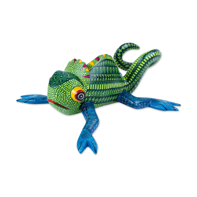 Blue-Footed Green Chameleon Alebrije Figure from Oaxaca