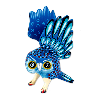 Blue and Green Carved Owl Alebrije Figure from Oaxaca