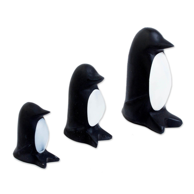 Three Petite Mexican Black and White Marble Penguin Figures