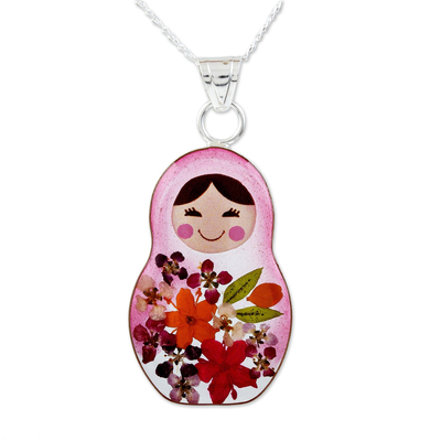 Matryoshka Style Pendant Necklace with Natural Flowers
