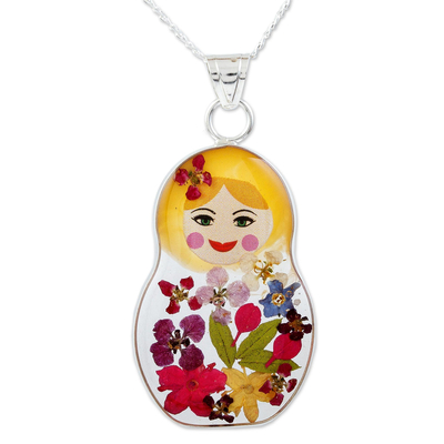 Natural Flower Pendant Necklace with Blonde Matryoshka