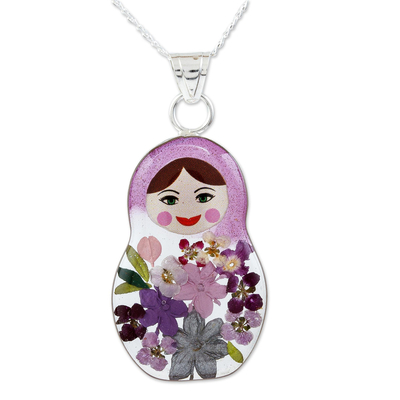Purple Matryoshka Pendant Necklace with Natural Flowers
