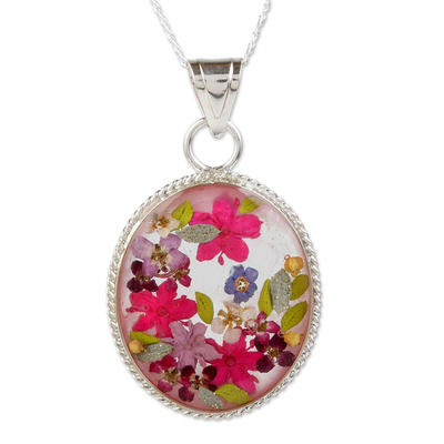 Old Fashioned Pendant Necklace with Pink Flowers in Resin