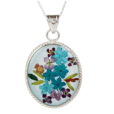 Blue Dried Flower and Resin Silver Necklace from Mexico
