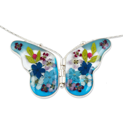 Sterling Silver and Dried Flower Blue Butterfly Necklace