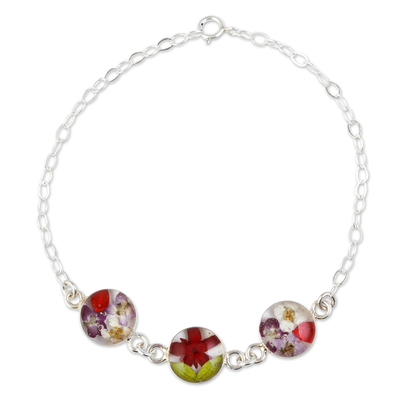 Sterling Silver Chain Bracelet with Three Flowered Pendants