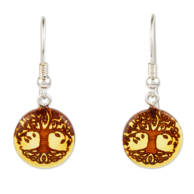 Amber Disk Earrings with Tree Motif on Sterling Silver Hooks
