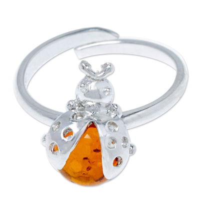Ladybug-Themed Sterling Silver Ring with Amber