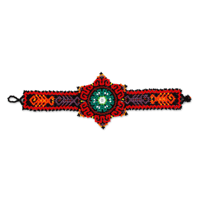 Red Dominant Peyote Flower Huichol Bracelet from Mexico