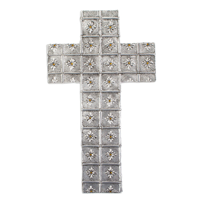 Flower-Patterned Aluminum Wall Cross with Crystals