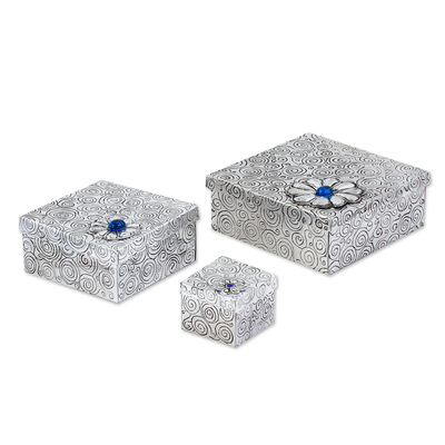 3 Gift Style Lidded Decorative Boxes of Aluminum Repousse