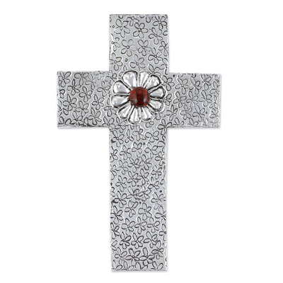 Decorative Wall Cross in Aluminum Repousse with Amber Flower