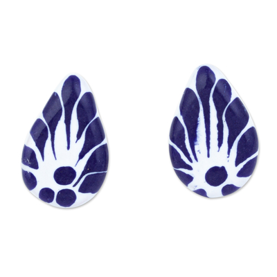 Blue & White Puebla Talavera Style Ceramic Teardrop Earrings