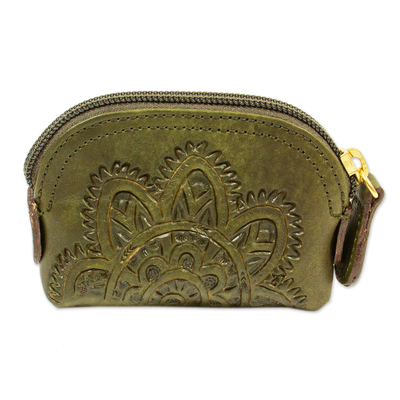 Olive Green Zippered Leather Coin Purse from Mexico