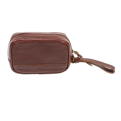 Brown Leather Toiletries Case Travel Bag with Wrist Strap