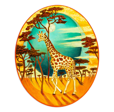 Oil and Acrylic on Wood With Giraffe Trees Sun and Moon