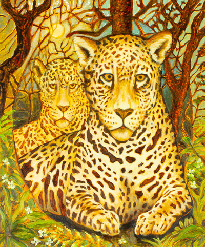Oil and Acrylic on Wood of Two Jaguars in a Jungle
