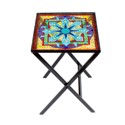 Mandala Inspired Cut Glass Mosaic Folding Table from Mexico