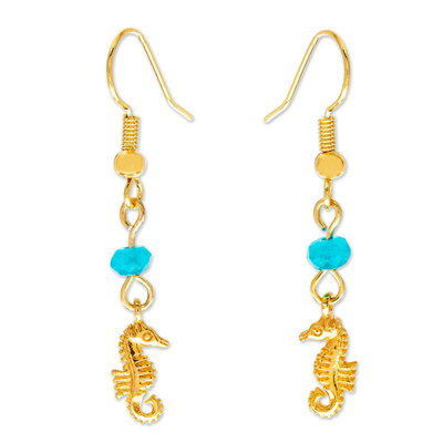 14K Gold Plated Seahorse Earrings with Agate Beads