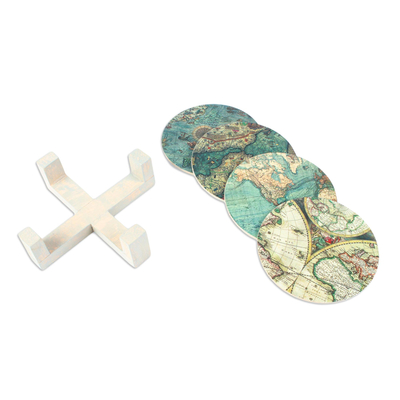Decoupage Coasters and Holder with Africa Maps (Set of 4)