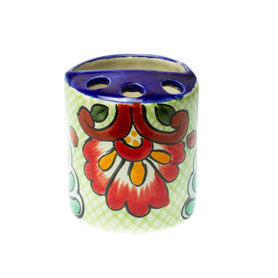 Green Dominant Talavera Style Toothbrush Holder from Mexico