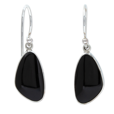 Obsidian and 950 Silver Dangle Earrings with Hooks