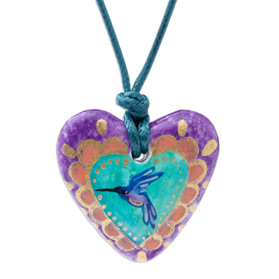 Hand Painted Heart Shaped Hummingbird Pendant Necklace
