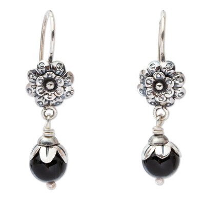 Floral Earrings with Black Onyx