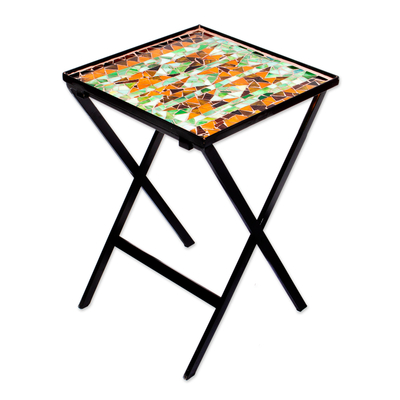 Handcrafted Green & Brown Stained Glass Mosaic Folding Table