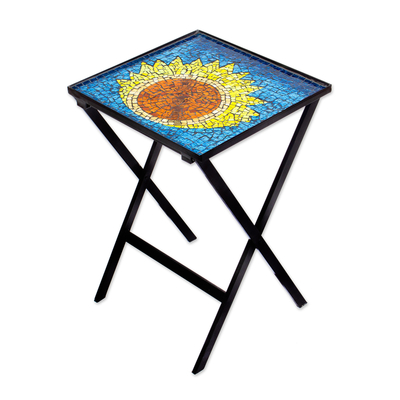Handmade Blue Sun Motif Stained Glass Mosaic Folding Table