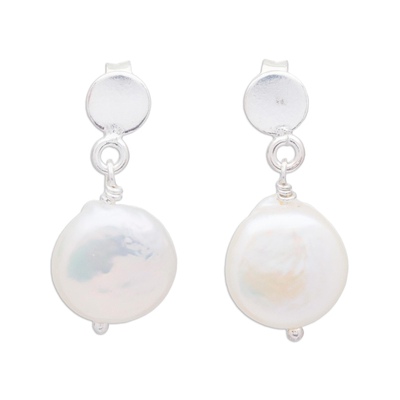 Coin Pearl and Sterling Silver Earrings