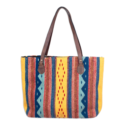 Handwoven Fiesta Motif Leather Accent Wool Zapotec Tote Bag