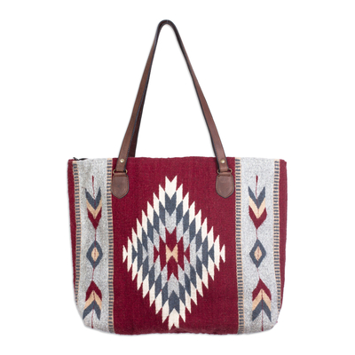 Handwoven Leather Accent Red Wool Zapotec Tote Bag
