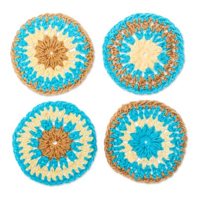 Set of 4 Handmade Turquoise and Brown Crocheted Coasters