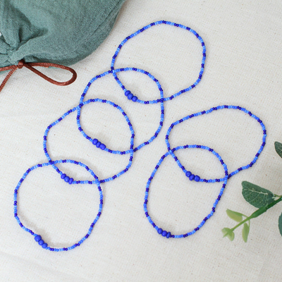 Set of Six Handcrafted Blue Glass Beaded Stretch Bracelets
