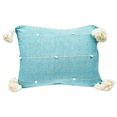 Handloomed Striped Aqua Cotton Cushion Cover from Mexico