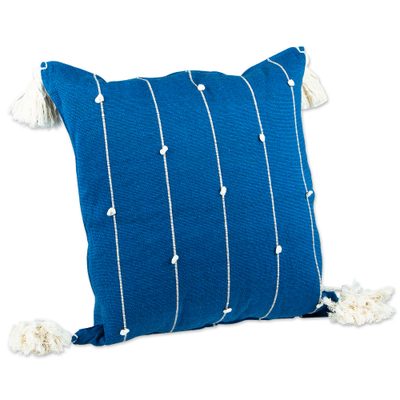 Handloomed Vertical Striped Cyan Cotton Cushion Cover